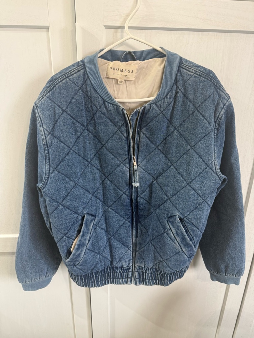 Promesa Quilted Denim-Blue Bomber Jacket